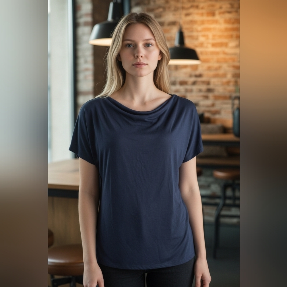 Elegant Navy Blue Wrights Women's Draped Neck Top Ruched Sides NWOT Size M